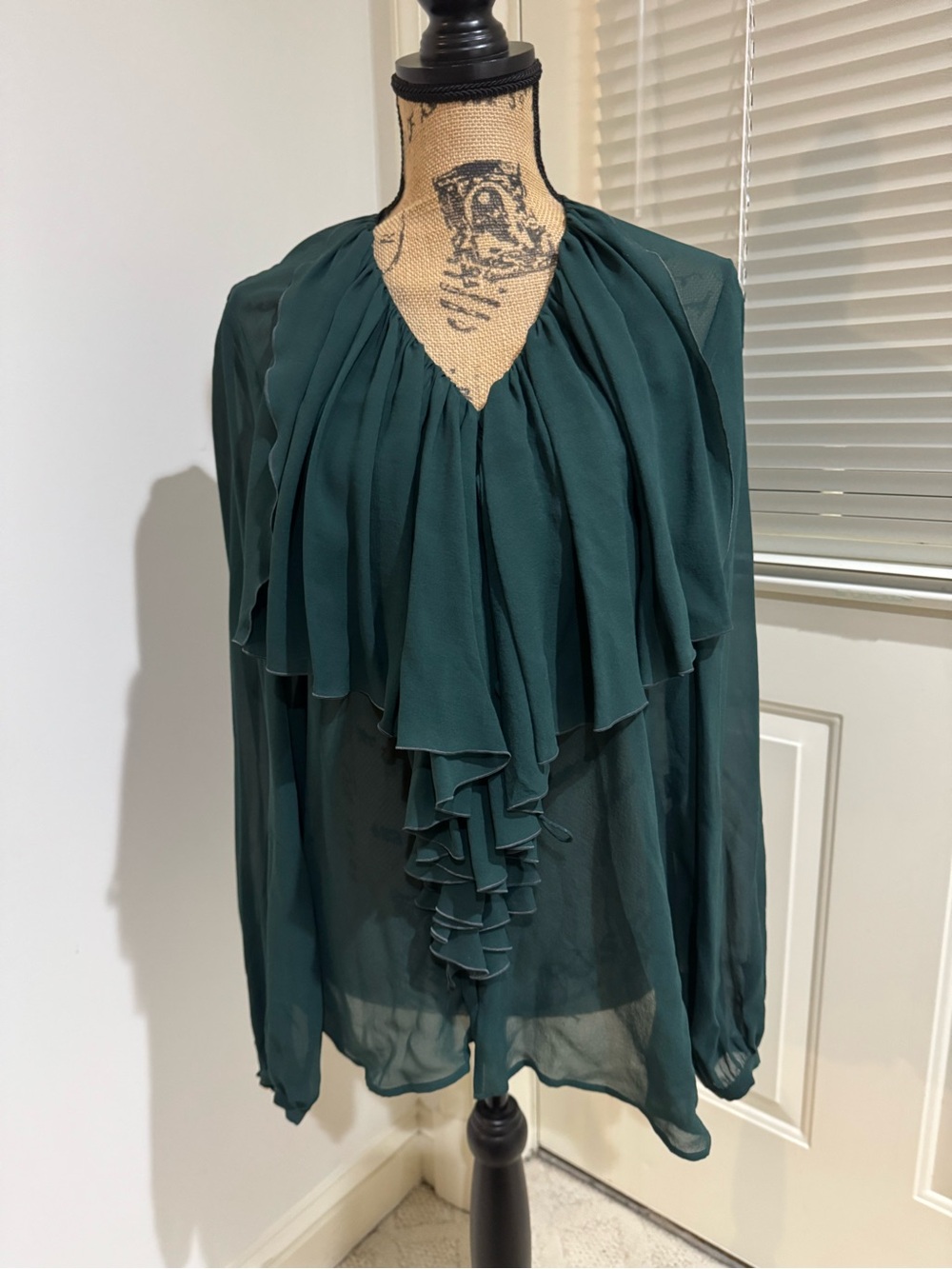 Roberto Cavalli Forest Green silk Ruffled V-Neck Blouse size 44 Italian